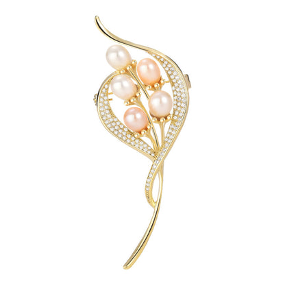 Zircon Freshwater Pearl Gold Floral Brooch