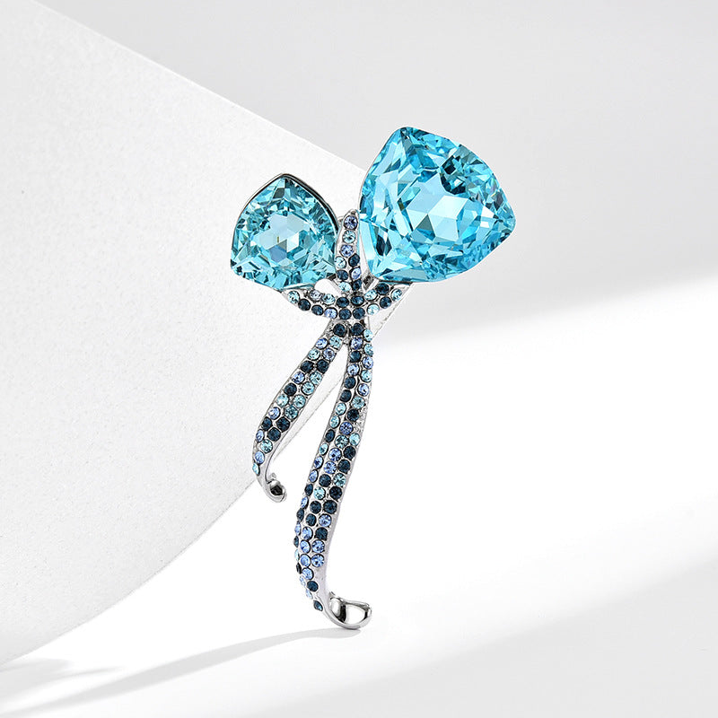 Classic Butterfly Knot Ribbon Blue Crystal Brooch