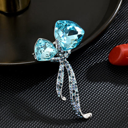 Classic Butterfly Knot Ribbon Blue Crystal Brooch