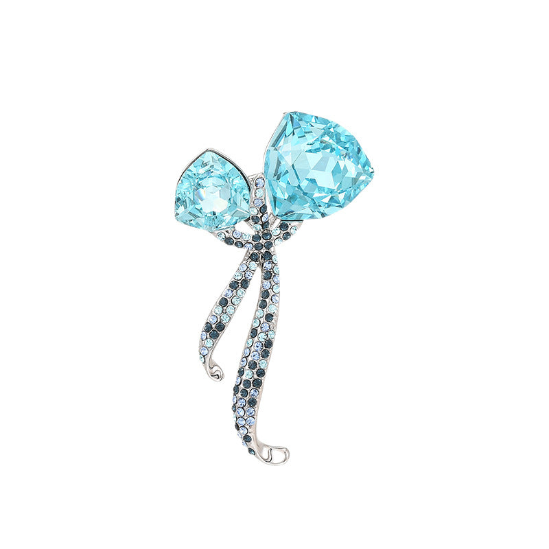 Classic Butterfly Knot Ribbon Blue Crystal Brooch