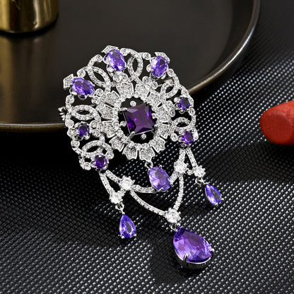 Purple Teardrop Dangling Crystal Brooch