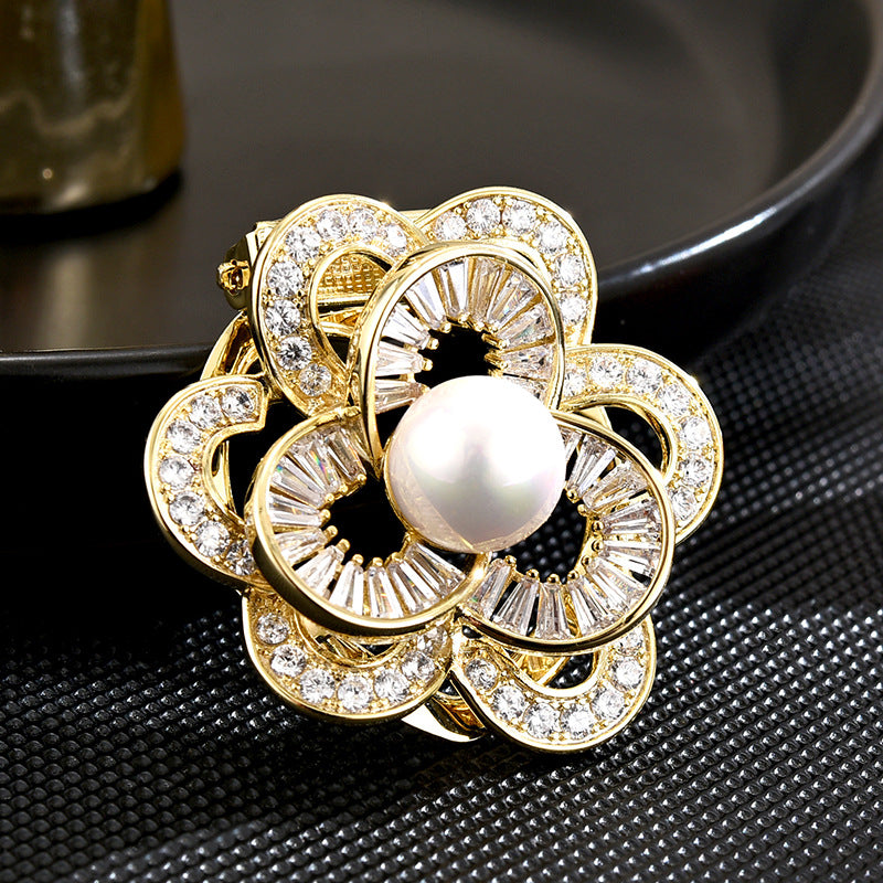 Freshwater Pearl  Zircon Crystal Flower Brooch