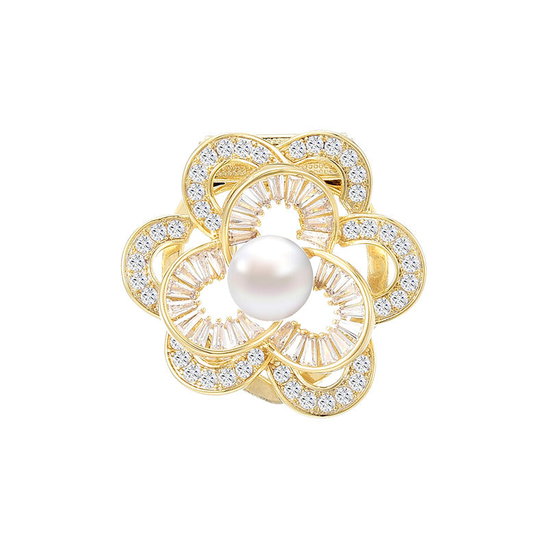 Freshwater Pearl  Zircon Crystal Flower Brooch