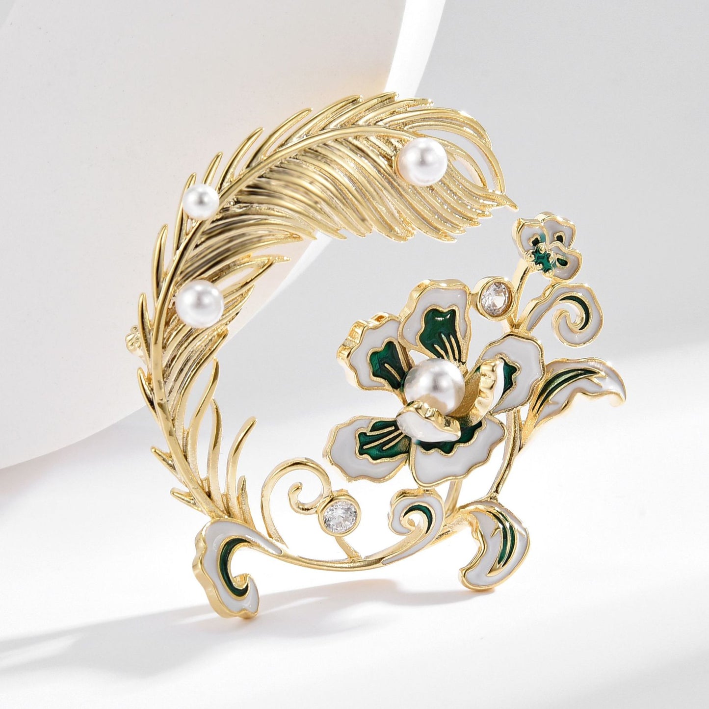 Classic Freshwater Pearl Peony Feather Gold Brooch