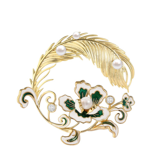 Classic Freshwater Pearl Peony Feather Gold Brooch