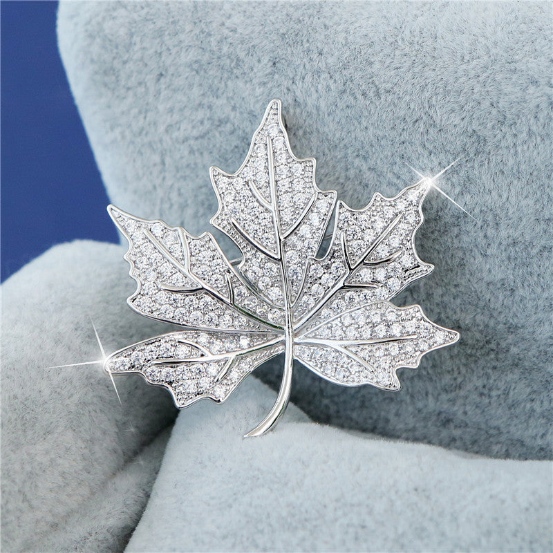 Maple Leaf Zircon Silver Brooch