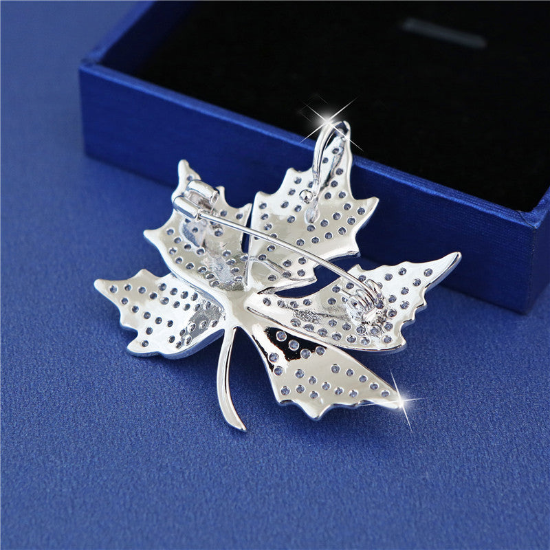 Maple Leaf Zircon Silver Brooch