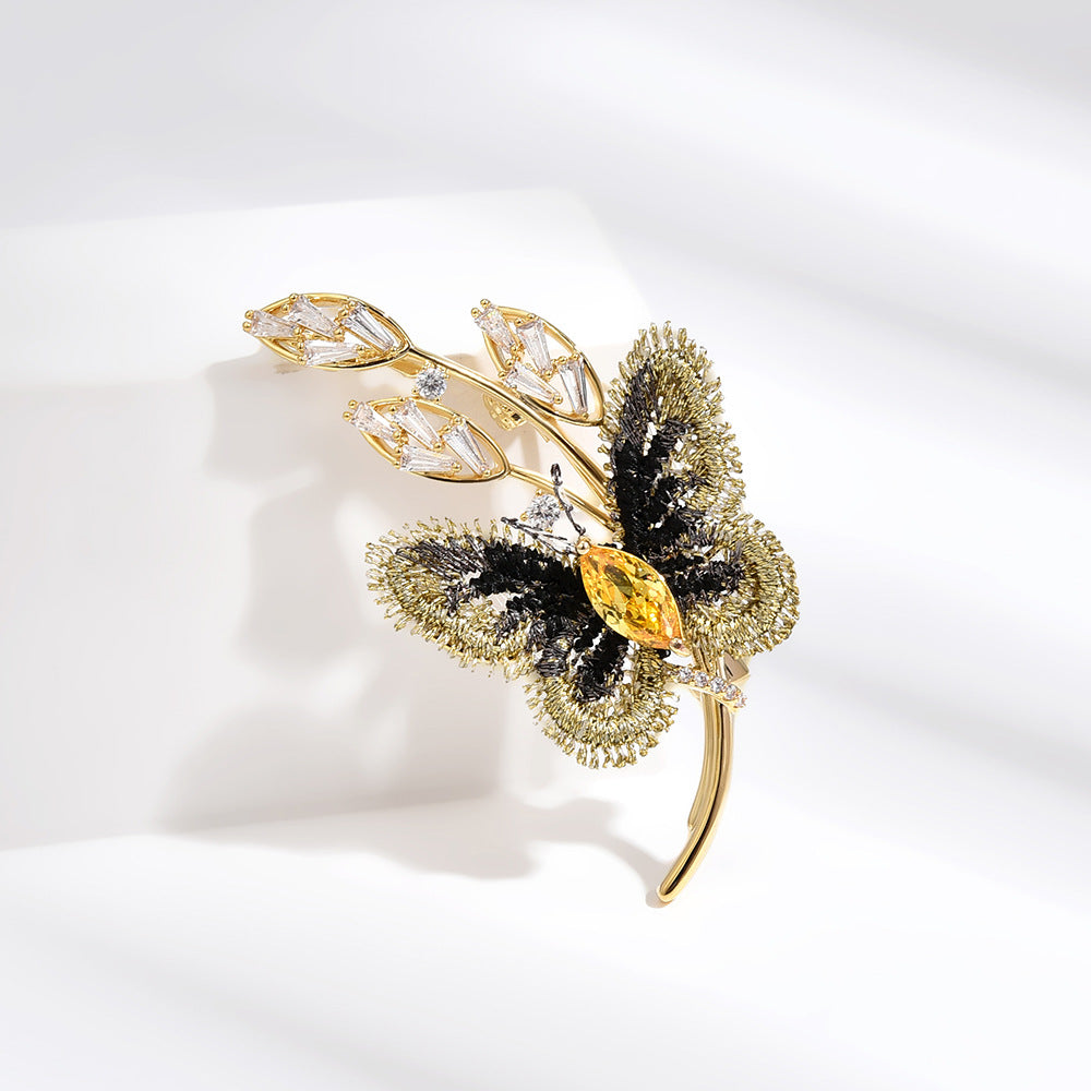 Yellow Crystal Black Butterfly Leaf Brooch