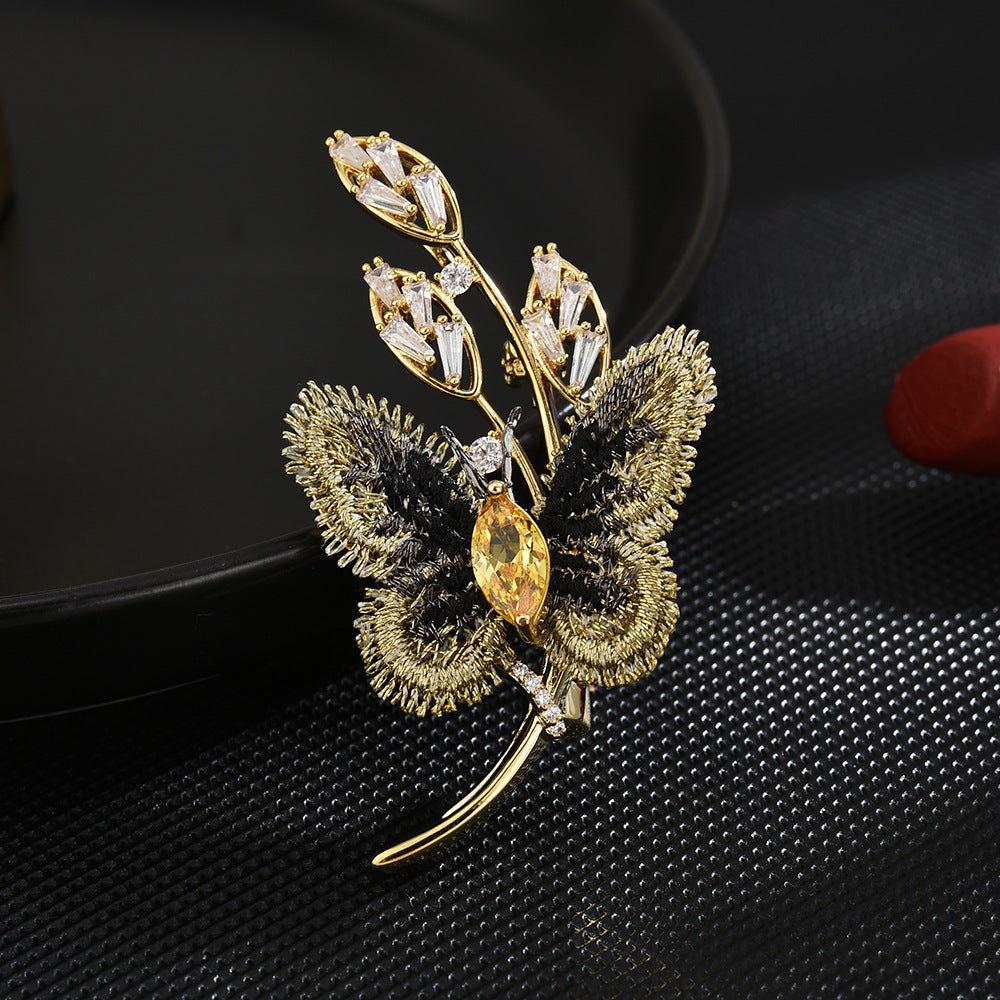 Yellow Crystal Black Butterfly Leaf Brooch