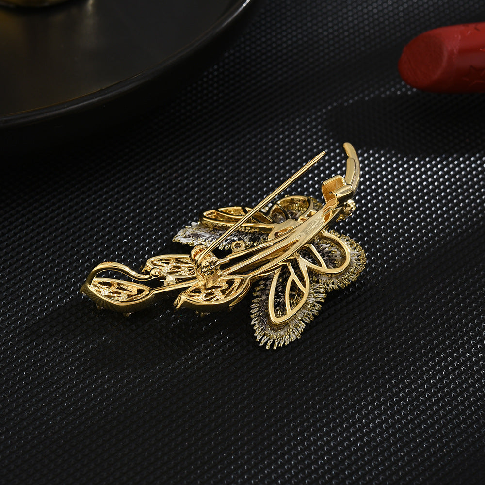 Yellow Crystal Black Butterfly Leaf Brooch