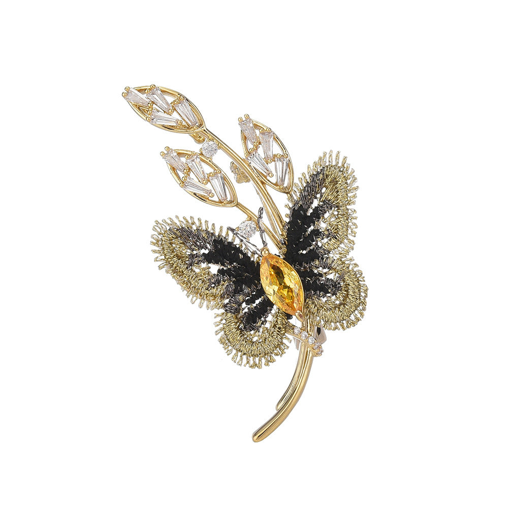 Yellow Crystal Black Butterfly Leaf Brooch