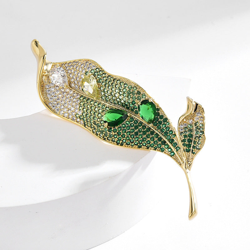 Emerald Zircon Gradient Green Leaf Brooch