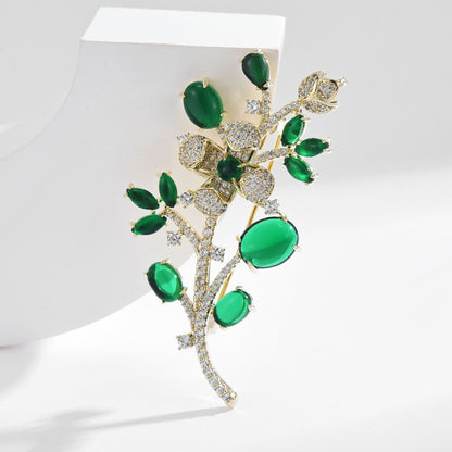 Emerald Zircon Leaf Gold Brooch