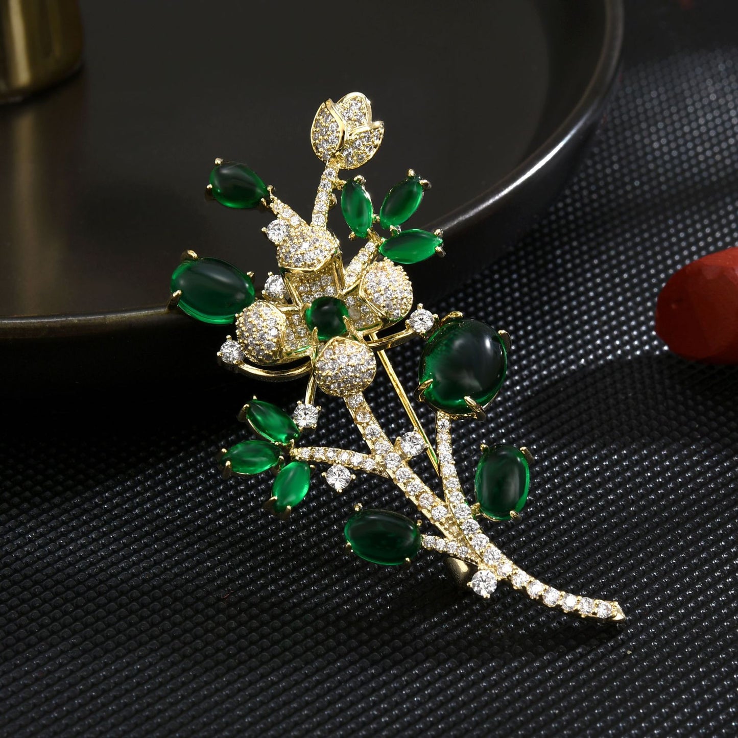 Emerald Zircon Leaf Gold Brooch