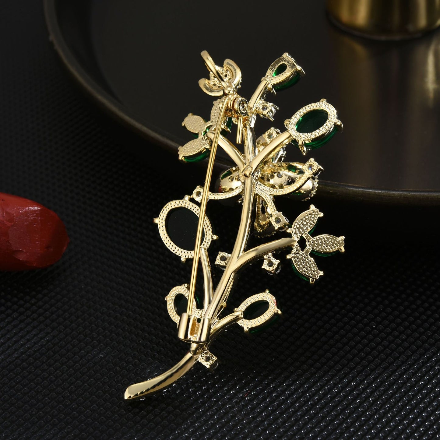 Emerald Zircon Leaf Gold Brooch