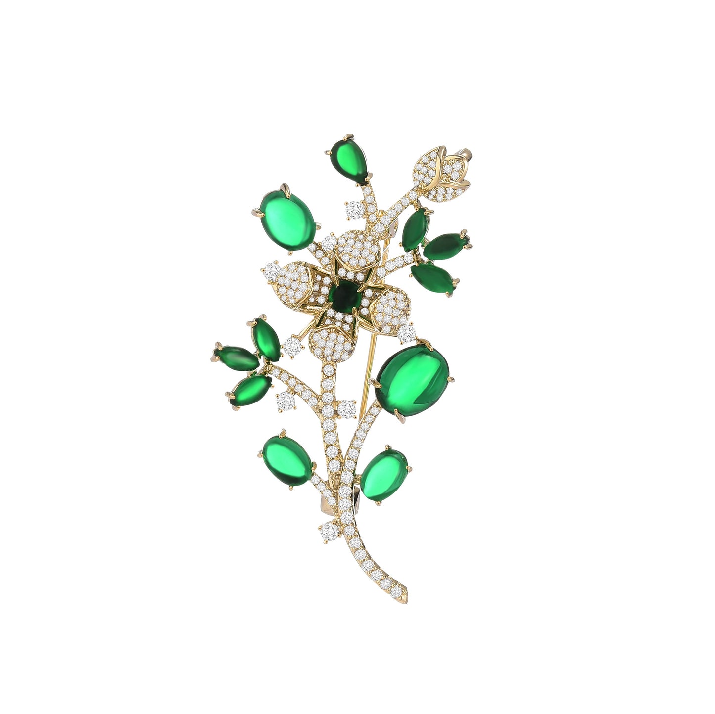 Emerald Zircon Leaf Gold Brooch