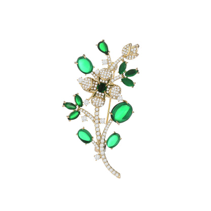 Emerald Zircon Leaf Gold Brooch