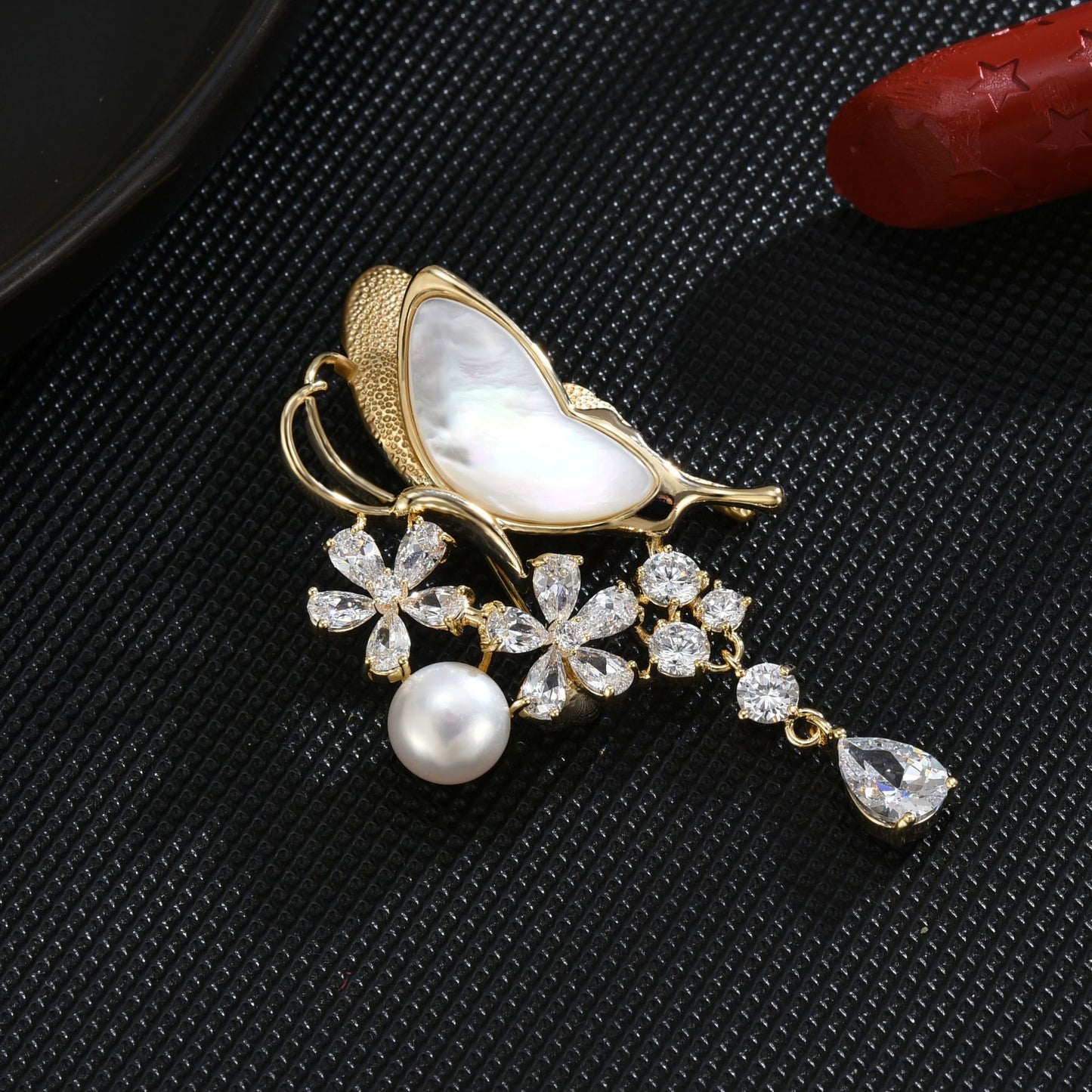 Mother-of-Pearl Crystal Butterfly Brooch