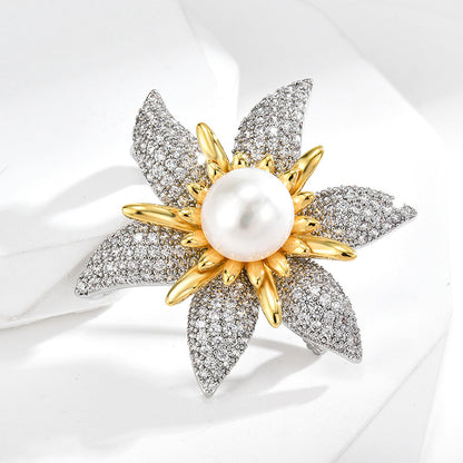 Six-Leaf Zircon Freshwater Pearl Brooch