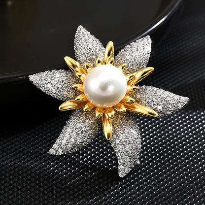 Six-Leaf Zircon Freshwater Pearl Brooch