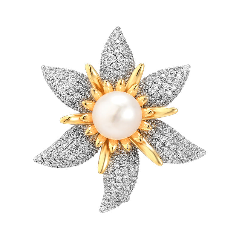 Six-Leaf Zircon Freshwater Pearl Brooch