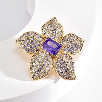 Purple Crystal Gold Zircon Flower Brooch