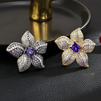 Purple Crystal Gold Zircon Flower Brooch