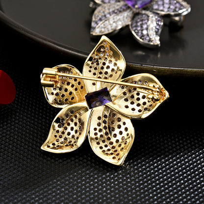 Purple Crystal Gold Zircon Flower Brooch