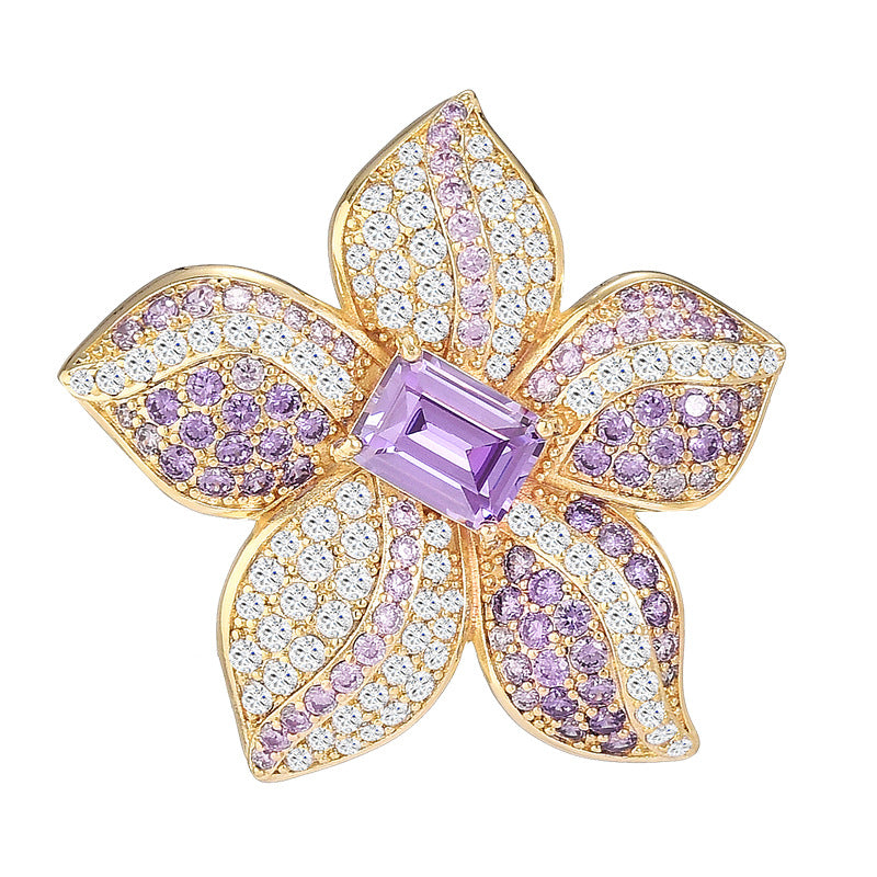 Purple Crystal Gold Zircon Flower Brooch