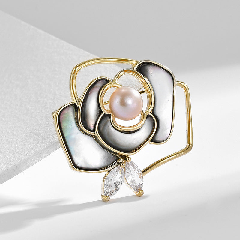 Black Mother of Pearl Camellia Brooch