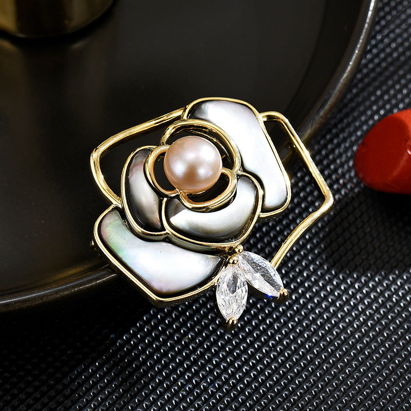 Black Mother of Pearl Camellia Brooch