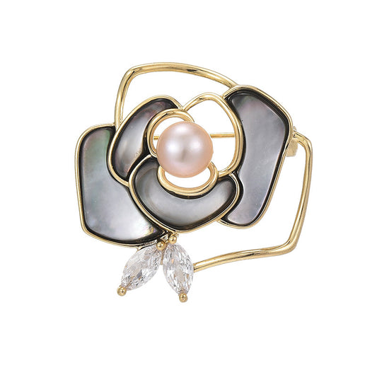 Black Mother of Pearl Camellia Brooch