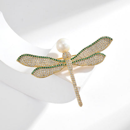 Pearl Zirconia Gold Dragonfly Brooch