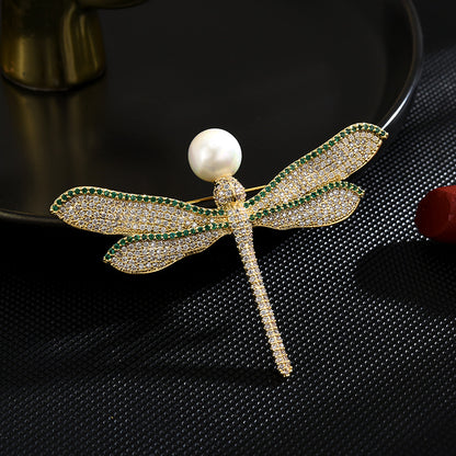 Pearl Zirconia Gold Dragonfly Brooch