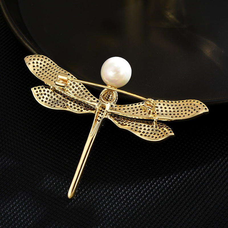 Pearl Zirconia Gold Dragonfly Brooch