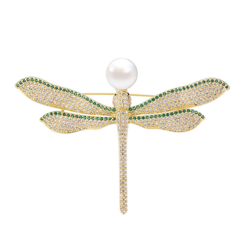 Pearl Zirconia Gold Dragonfly Brooch