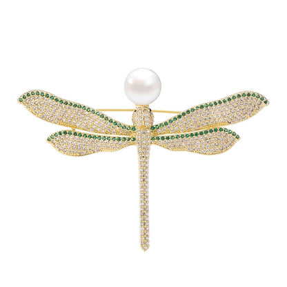 Pearl Zirconia Gold Dragonfly Brooch