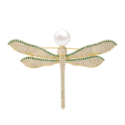 Pearl Zirconia Gold Dragonfly Brooch