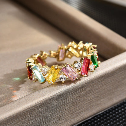 Rainbow Baguette Zirconia Gold Open Ring