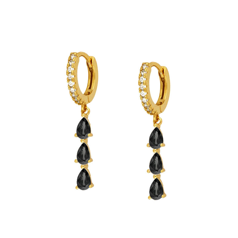 Triple Black Teardrop Sapphire Dangle Huggie Earrings