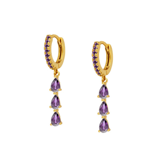 Purple Triple Teardrop Sapphire Dangle Huggie Earrings