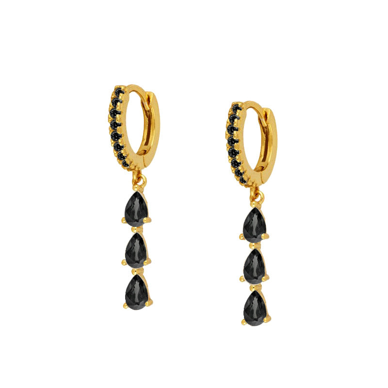 Black Triple Teardrop Sapphire Dangle Huggie Earrings