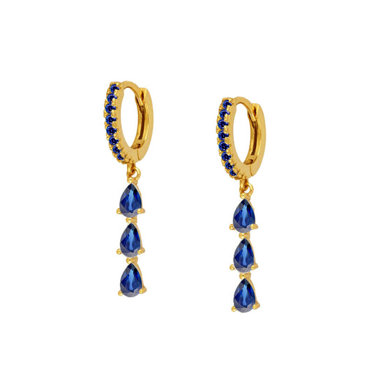 Blue Triple Teardrop Sapphire Dangle Huggie Earrings