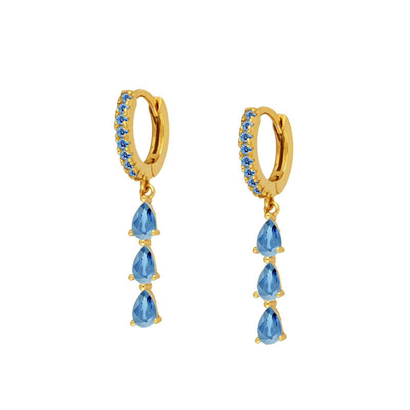 Light Blue Triple Teardrop Sapphire Dangle Huggie Earrings