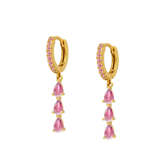 Pink Triple Teardrop Sapphire Dangle Huggie Earrings