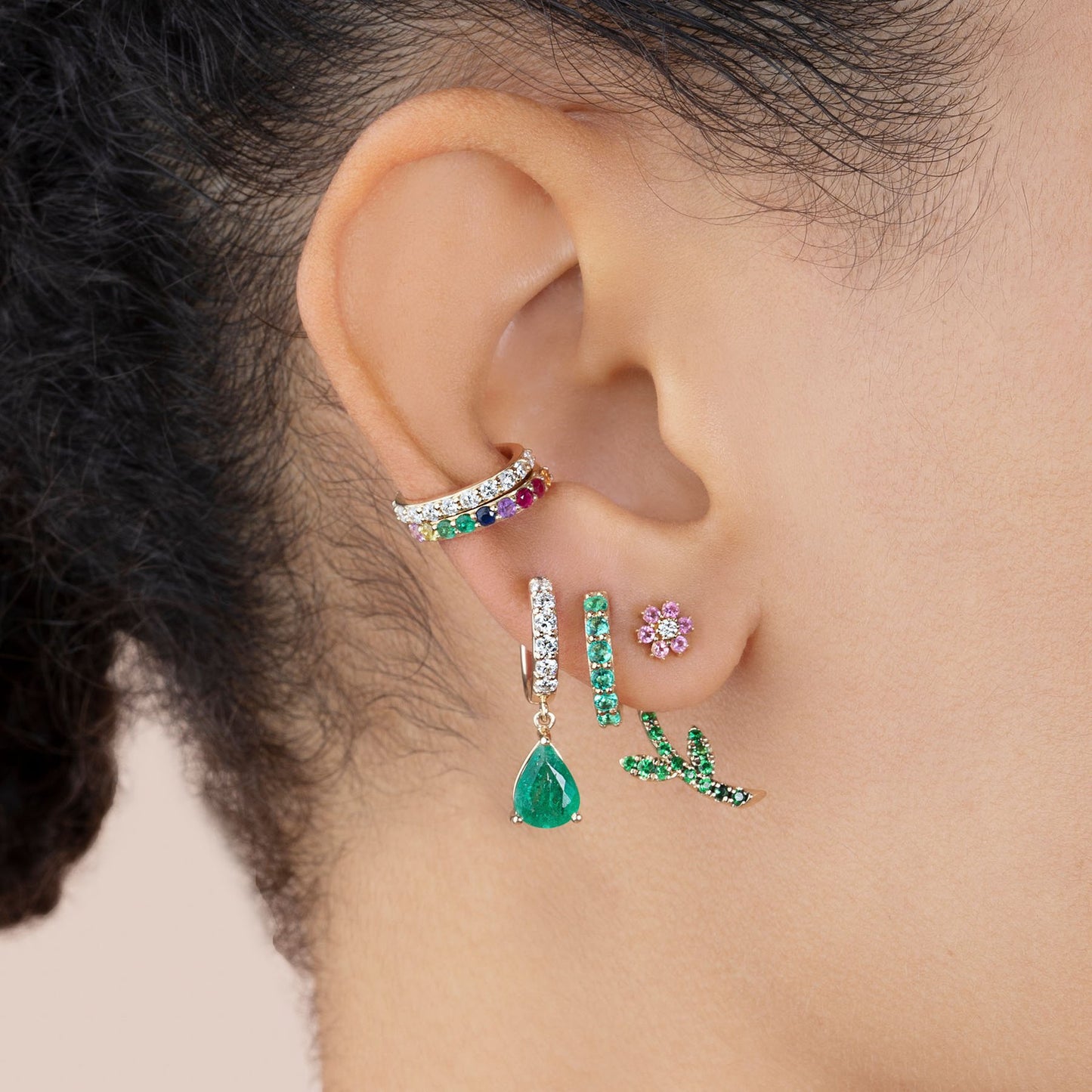 Classic Emerald Teardrop Sapphire Huggie Earrings