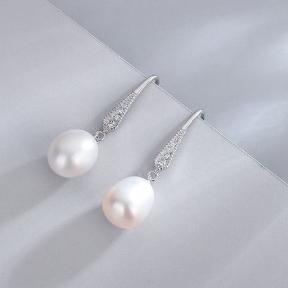 Classic Rise Shape Freshwater Pearl Drop Pave  Hoop Earrings