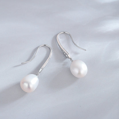 Classic Rise Shape Freshwater Pearl Drop Pave  Hoop Earrings