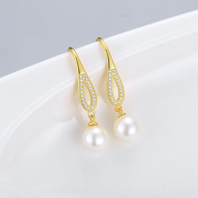 Freshwater Pearl Drop Pave Hollow Hoop Earrings