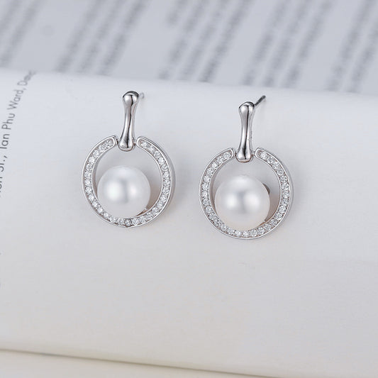 Freshwater Pearl Circle Pave Drop Stud Earrings